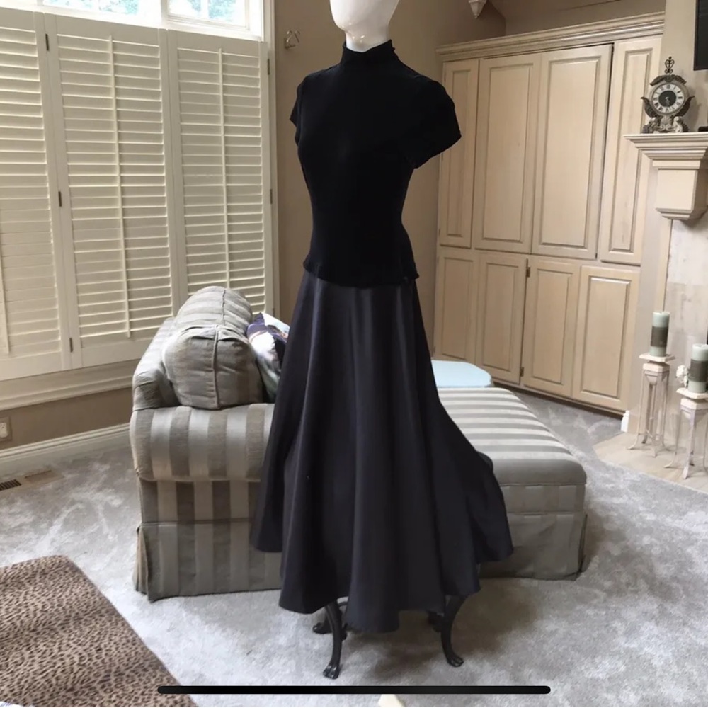 Black velvet top over satin skirt